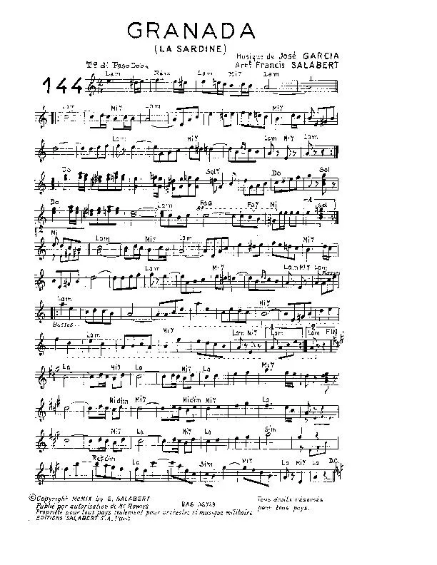 télécharger la partition d'accordéon Granada (La sardine) (Arrangement de Francis Salabert) (Paso doble) au format PDF