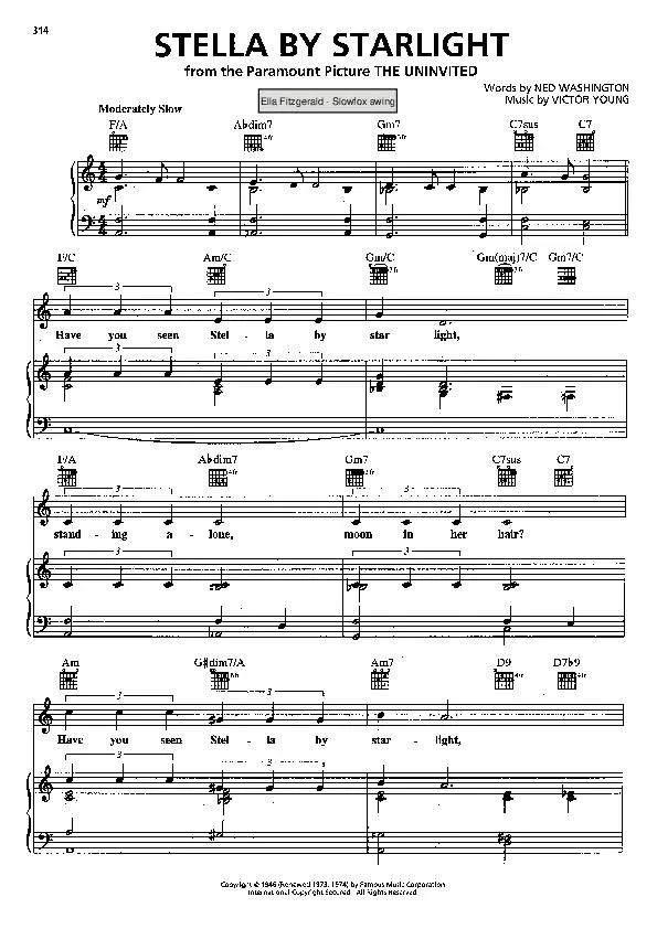 télécharger la partition d'accordéon Stella by starlight (Du Film : The Uninvited) (Chant : Ella Fitzgerald) (Swing Madison) au format PDF