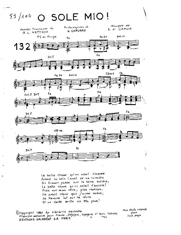 télécharger la partition d'accordéon O sole mio (Chant : Tino Rossi / Luis Mariano) (Célèbre chanson Napolitaine) (Tango) au format PDF
