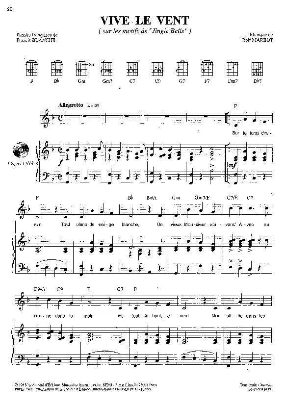 télécharger la partition d'accordéon Vive le vent (Sur les motifs de Jingle Bells) (Chant : Lisette Jambel / Lucien Jeunesse / Dalida / Mireille Mathieu) (Fox) au format PDF