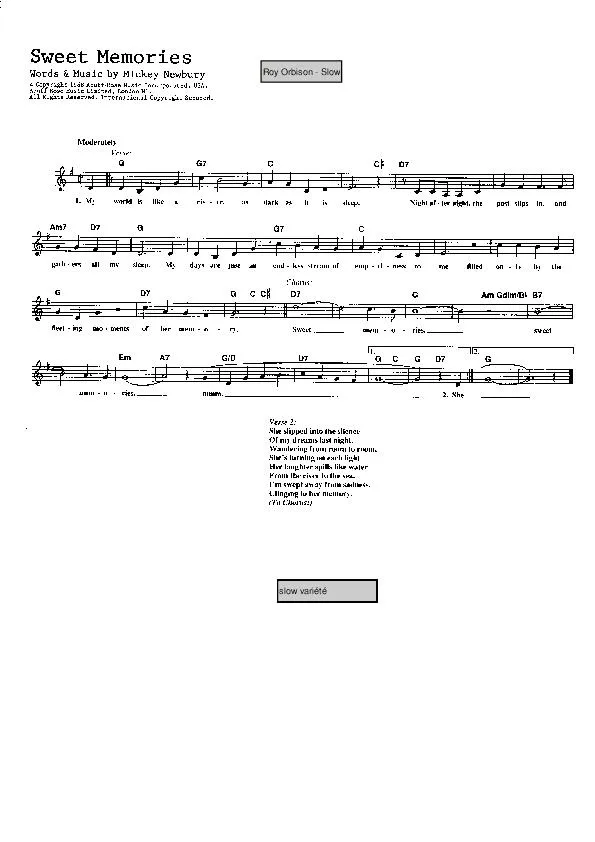 télécharger la partition d'accordéon Sweet memories (Chant : Roy Orbison) (Slow) au format PDF