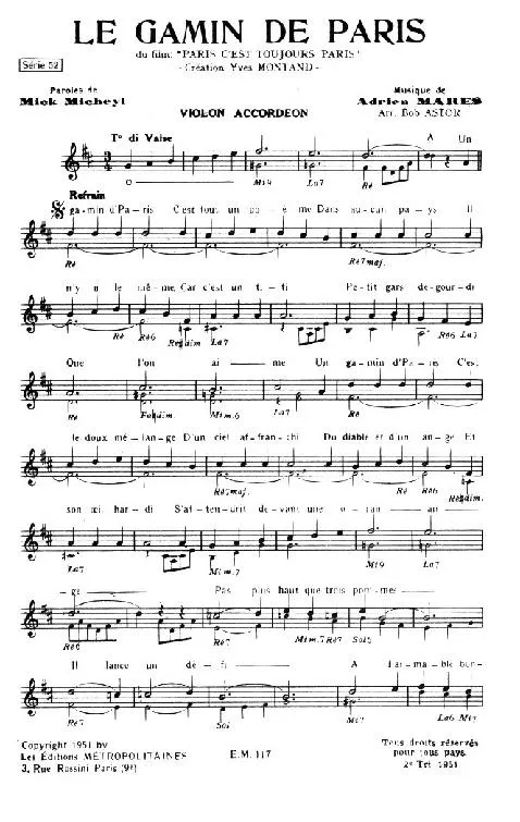 télécharger la partition d'accordéon Le Gamin de Paris (Du Film : Paris c'est toujours Paris) (Arrangement : Bob Astor) (Chant : Yves Montand) (Valse) au format PDF