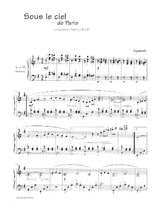télécharger la partition d'accordéon Sous le ciel de Paris (Chant : Edith Piaf / Jacqueline François / Juliette Gréco / Jacques Hélian) (Valse) au format PDF