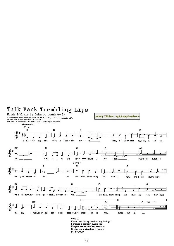 télécharger la partition d'accordéon Talk back trembling lips (Chant : Johnny Tillotson) (Quickstep Linedance) au format PDF