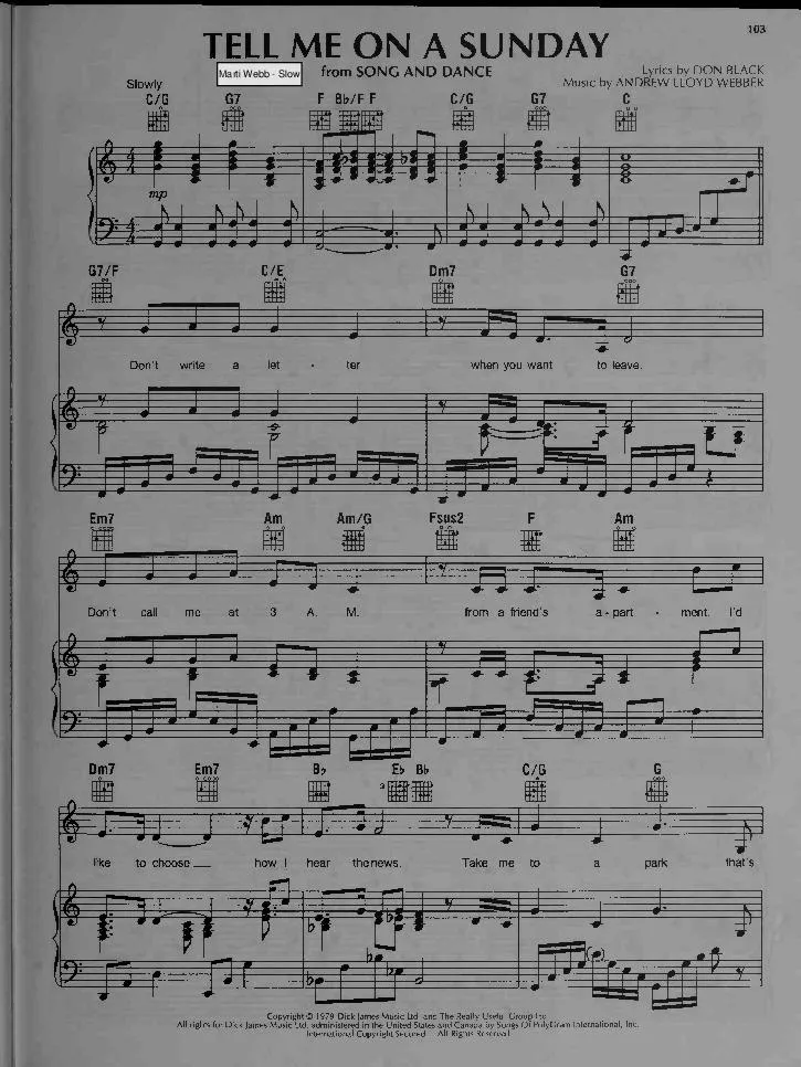 télécharger la partition d'accordéon Tell me on a sunday (Du Film : Song and dance) (Chant : Marti Webb) (Slow) au format PDF
