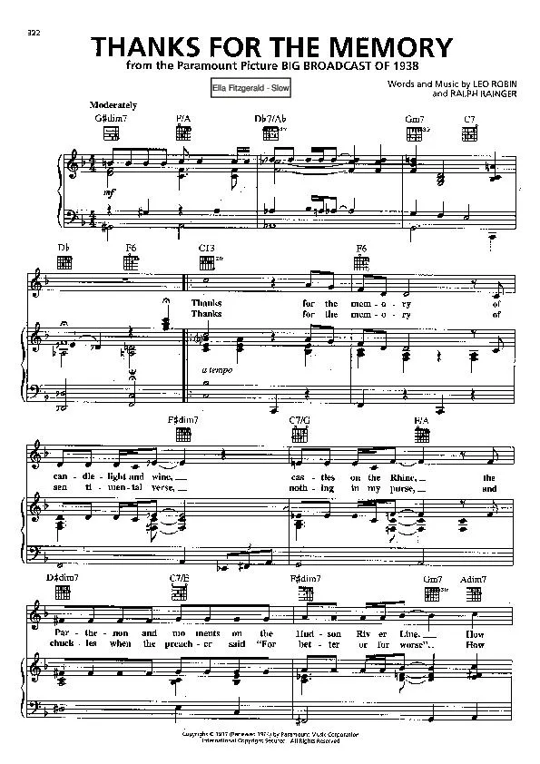 télécharger la partition d'accordéon Thanks for the memory (Du Film : Big Broadcast of 1938) (Chant : Ella Fitzgerald) (Slow) au format PDF