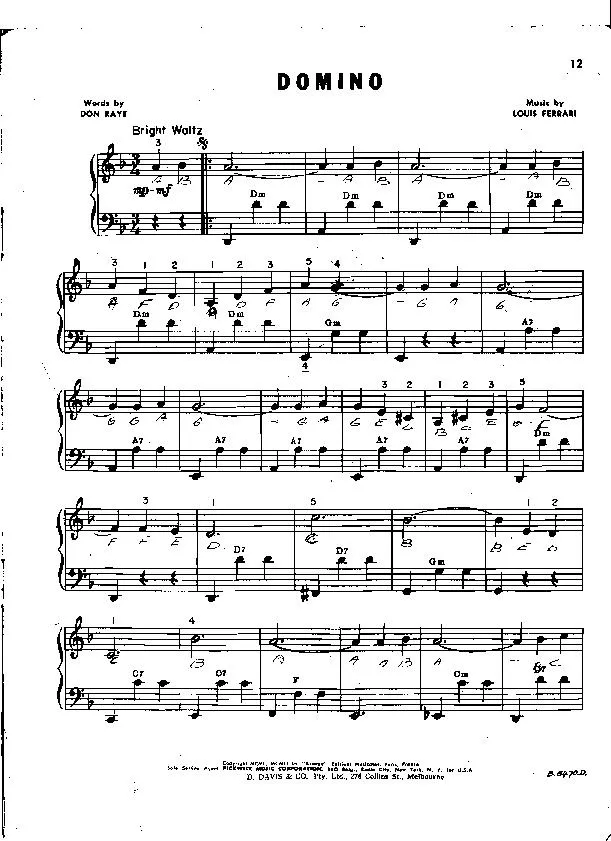 télécharger la partition d'accordéon Domino (Chant : André Claveau / Lucienne Delyle) (Valse) au format PDF
