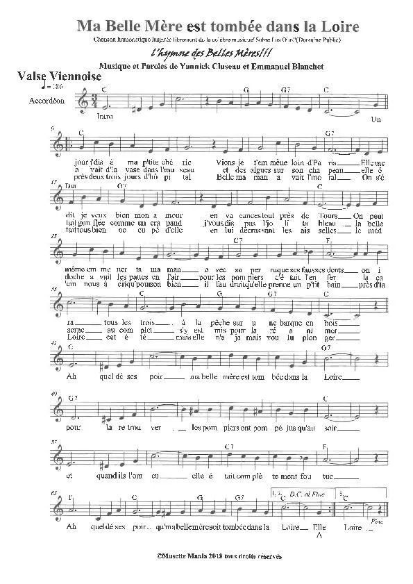 télécharger la partition d'accordéon Ma belle mère est tombée dans la Loire (Chanson humoristique inspirée librement de la célèbre musique : Sobre las olas) (Domaine public) (L'hymne des belles mères) (Valse Viennoise) au format PDF