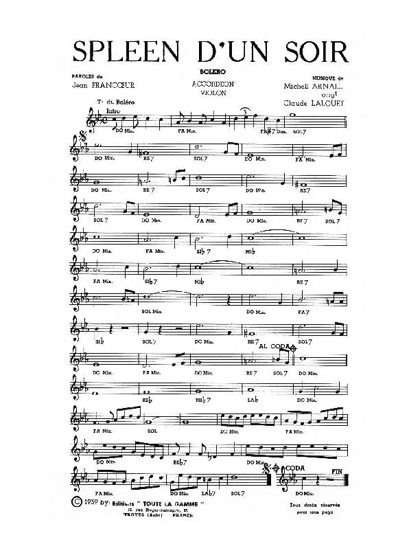 télécharger la partition d'accordéon Spleen d'un soir (Arrangement : Claude Lalouet) (Boléro) au format PDF