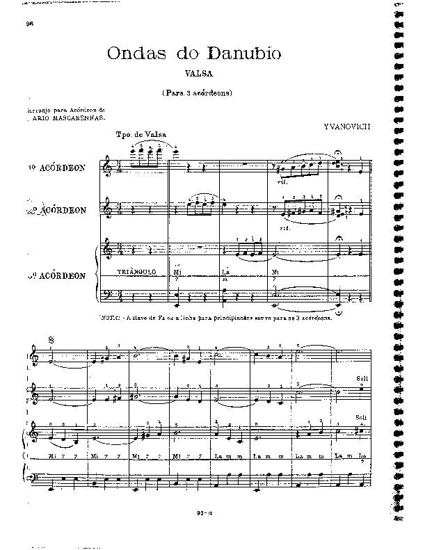 télécharger la partition d'accordéon Ondas do Danubio (Les flots du Danube) (Arrangement pour accordéon de Mario Mascarenhas) (Valse Viennoise) (Pour 3 accordéons) au format PDF