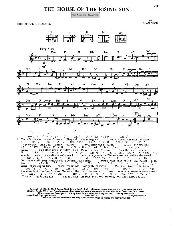télécharger la partition d'accordéon The house of the rising sun  (Interprètes : The Animals) (Slow Rock) au format PDF