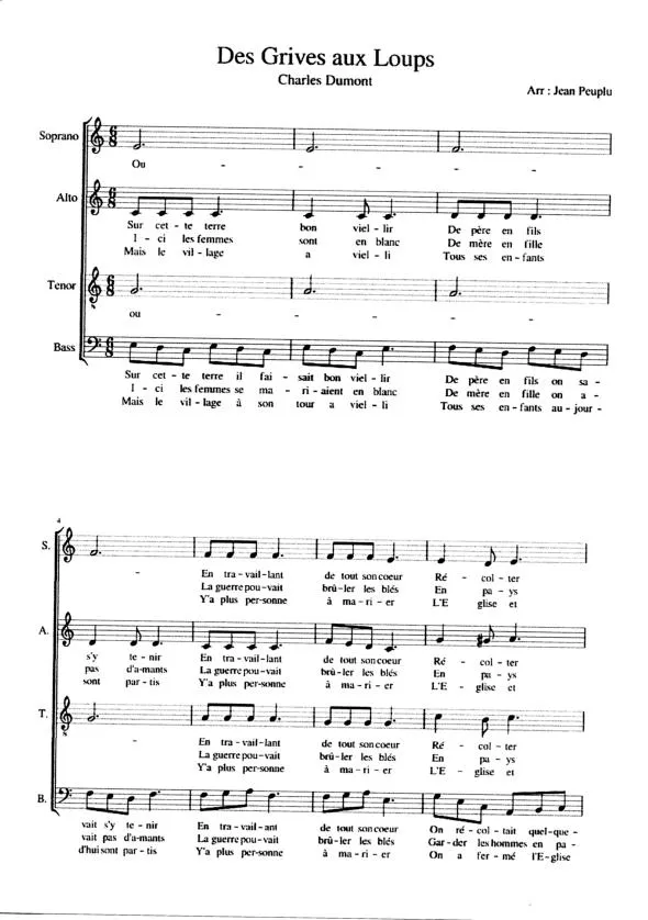 télécharger la partition d'accordéon Des grives aux loups (Pour Chorale) (Chant : Charles Dumont) (Arrangement : Jean Peuplu) (SATB) au format PDF