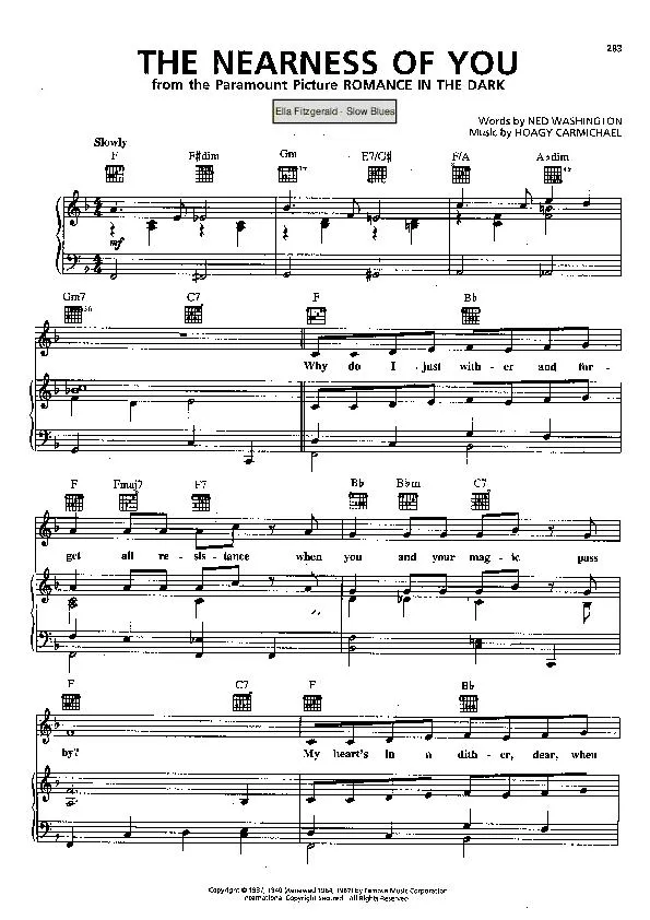 télécharger la partition d'accordéon The nearness of you (Du Film : Romance in the dark) (Chant : Ella Fitzgerald) (Slow Blues) au format PDF