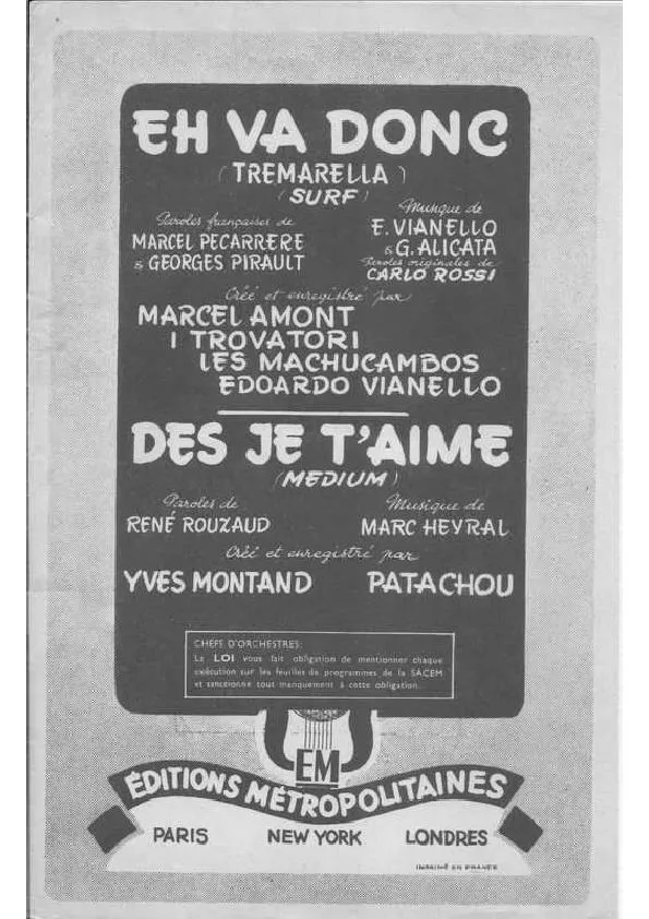 télécharger la partition d'accordéon Eh Vas donc (Tremarella) (Chant : Marcel Amont) (Surf) (Partie : Contrebasse) au format PDF