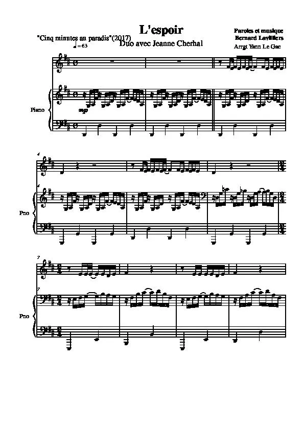 télécharger la partition d'accordéon L'espoir (Cinq minutes au paradis) (Arrangement Yann Le Gac) (Duo avec Jeanne Cherhal) au format PDF