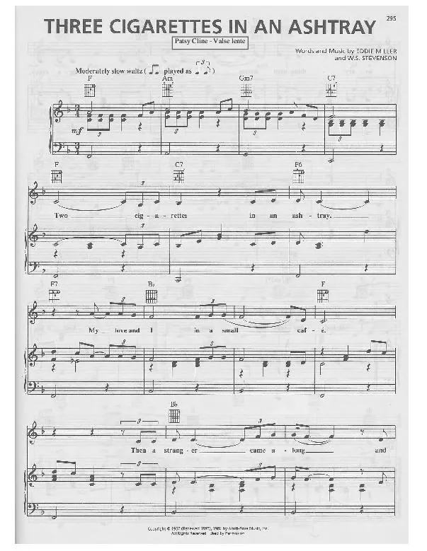 télécharger la partition d'accordéon Three cigarettes in an ashtray (Chant : Patsy Cline) (Valse Boston) au format PDF