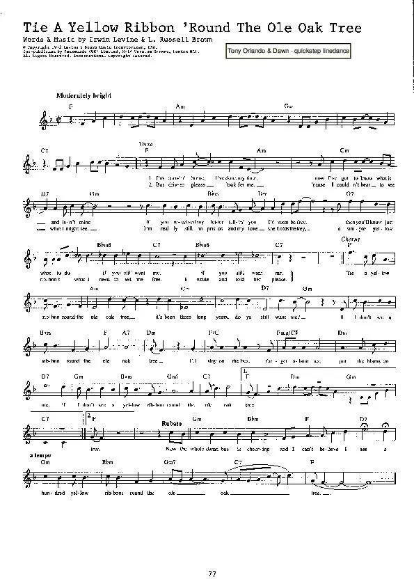 télécharger la partition d'accordéon Tie a yellow ribbon 'round the ole oak tree (Interprètes : Tony Orlando & Dawn) (Quickstep Linedance) au format PDF