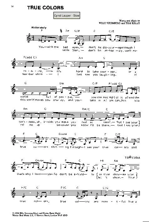 télécharger la partition d'accordéon True colors (Chant : Cyndi Lauper) (Slow) au format PDF
