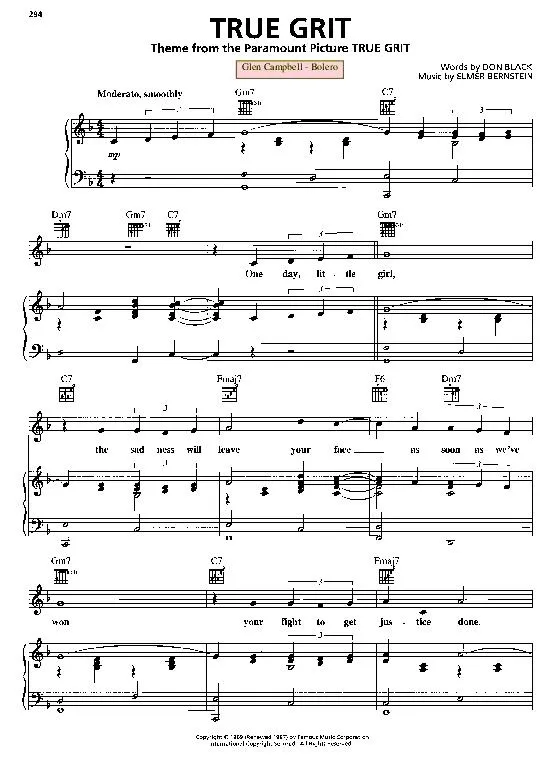 télécharger la partition d'accordéon True grit theme (Chant : Glen Campbell) (Boléro) au format PDF