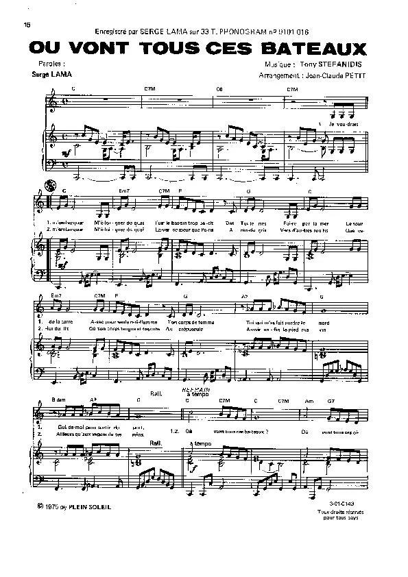télécharger la partition d'accordéon Où vont tous ces bateaux (Arrangement de Jean-Claude Petit) (Pop) au format PDF