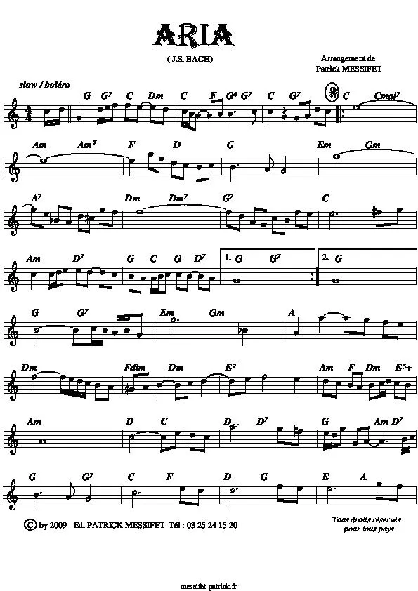 télécharger la partition d'accordéon Aria (Arrangement de Patrick Messifet) (Slow Boléro) au format PDF