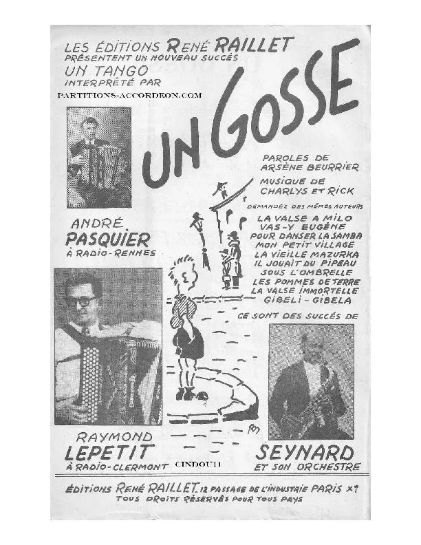 télécharger la partition d'accordéon Un Gosse (Enregistré par : André Pasquier / Raymond Lepetit / Seynard et Son Orchestre) (Tango Rythmé) (Piano) au format PDF