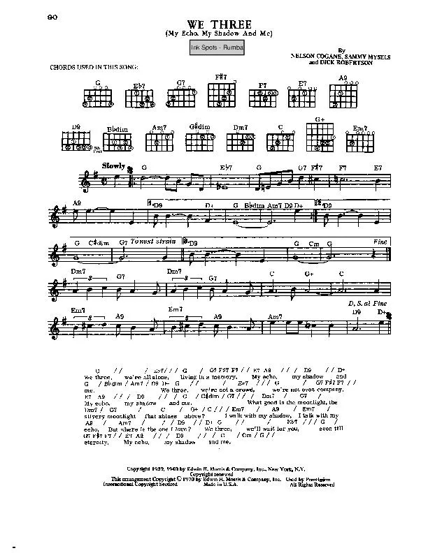télécharger la partition d'accordéon We three (My echo, my shadow and me) (Interprètes : Ink Spots) (Rumba) au format PDF