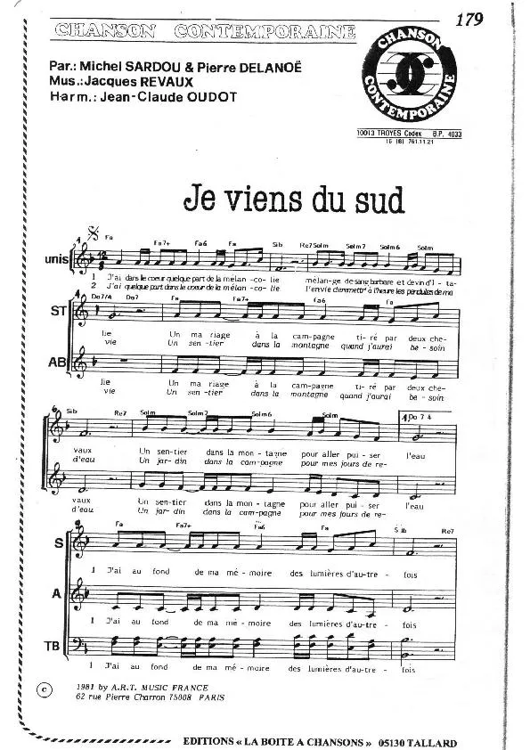 télécharger la partition d'accordéon Je viens du Sud (Harmonisation de Jean-Claude Oudot) au format PDF