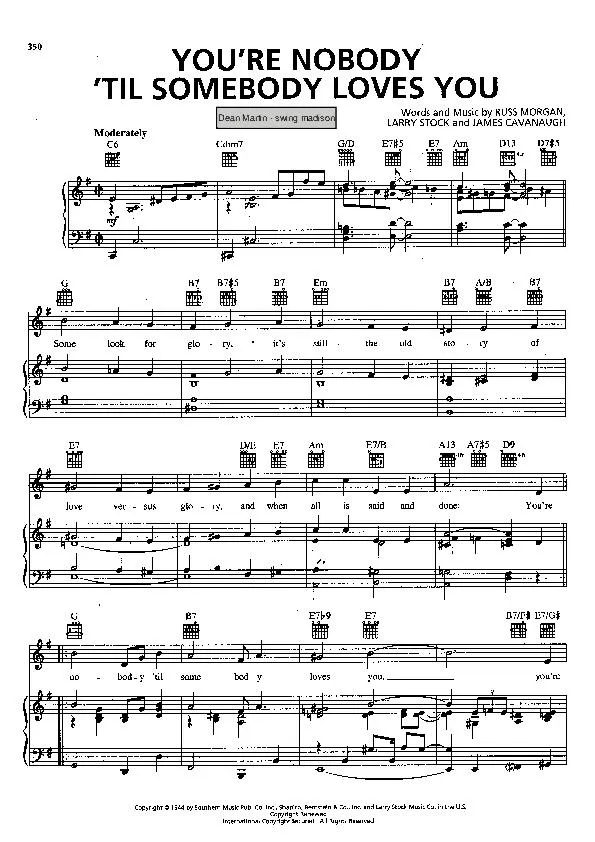 télécharger la partition d'accordéon You're nobody 'til somebody loves you (Chant : Dean Martin) (Swing Madison) au format PDF