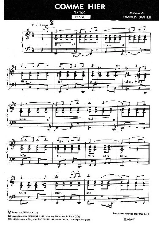 télécharger la partition d'accordéon Comme Hier (Orchestration Complète) (Tango) au format PDF