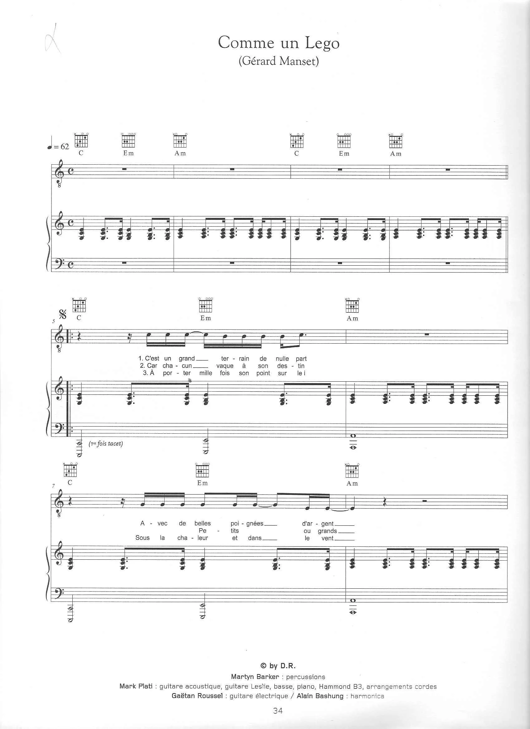 télécharger la partition d'accordéon Comme un Lego (Chant : Alain Bashung) (Slow) au format PDF