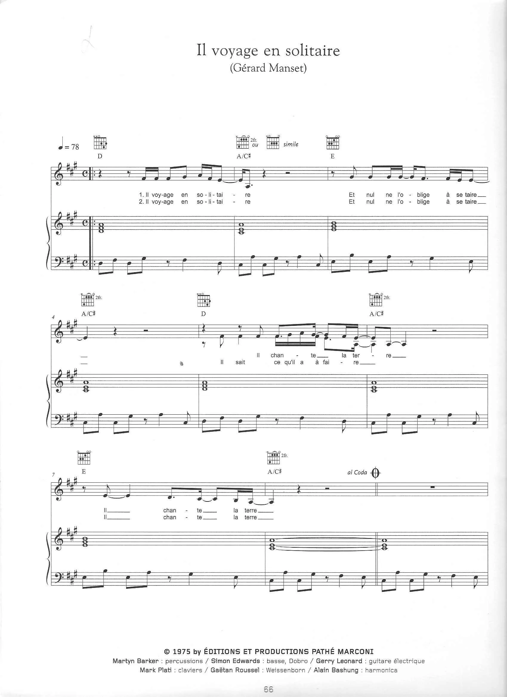 télécharger la partition d'accordéon Il voyage en solitaire (Chant : Alain Bashung) (Slow) au format PDF