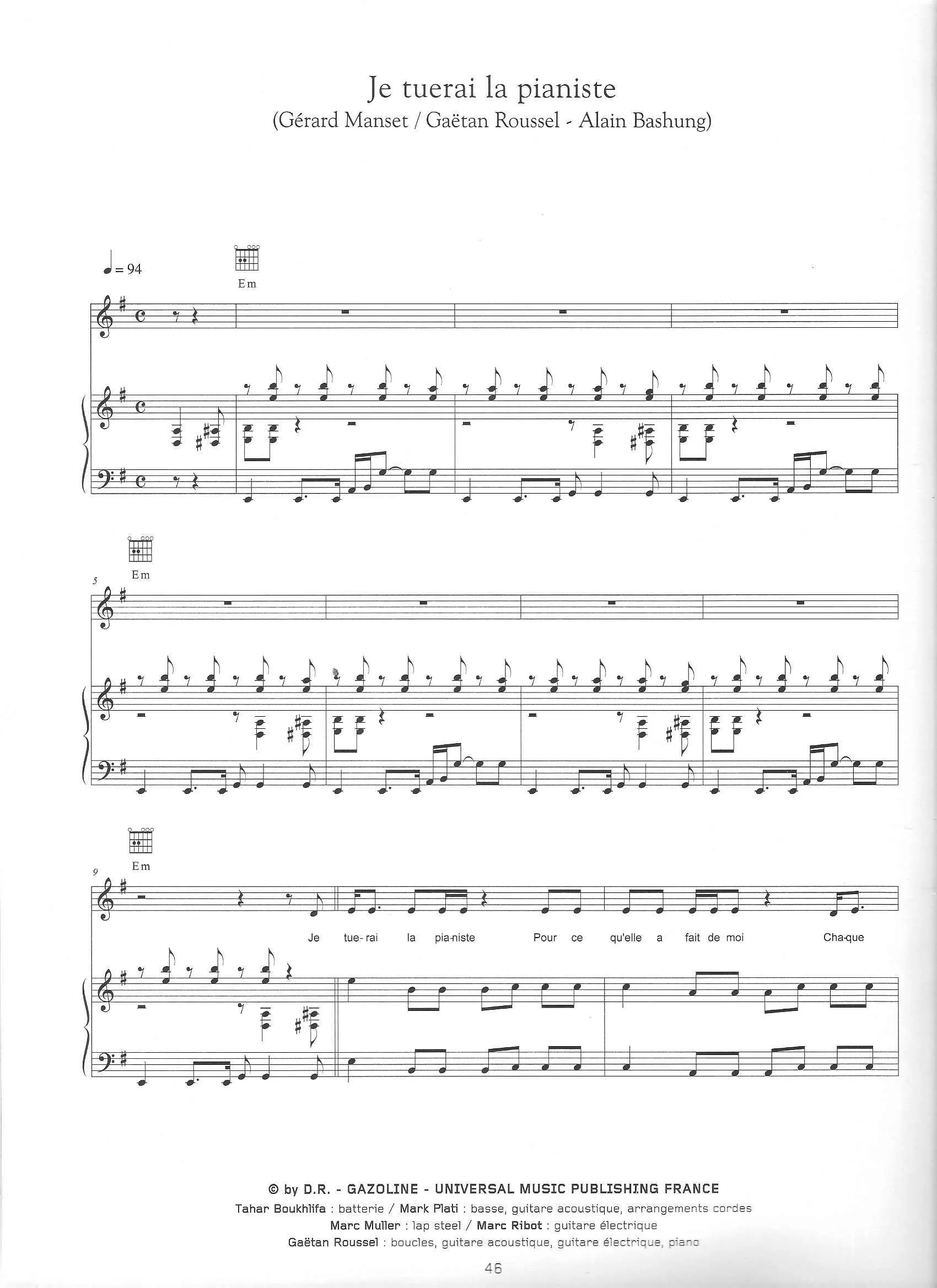 télécharger la partition d'accordéon Je tuerai la pianiste (Rock Madison) au format PDF
