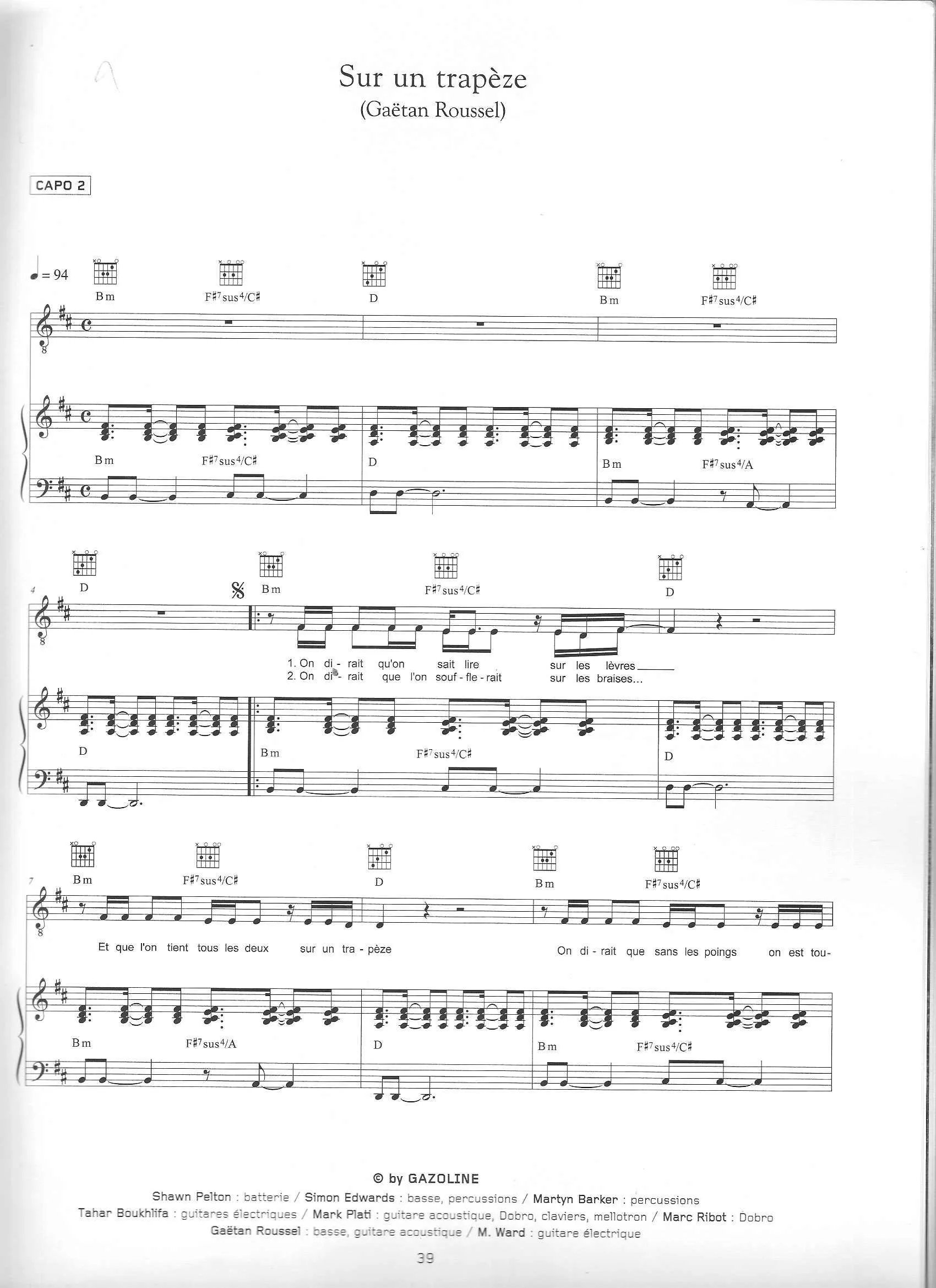 télécharger la partition d'accordéon Sur un trapèze (Chant : Alain Bashung) (Soul Rock) au format PDF