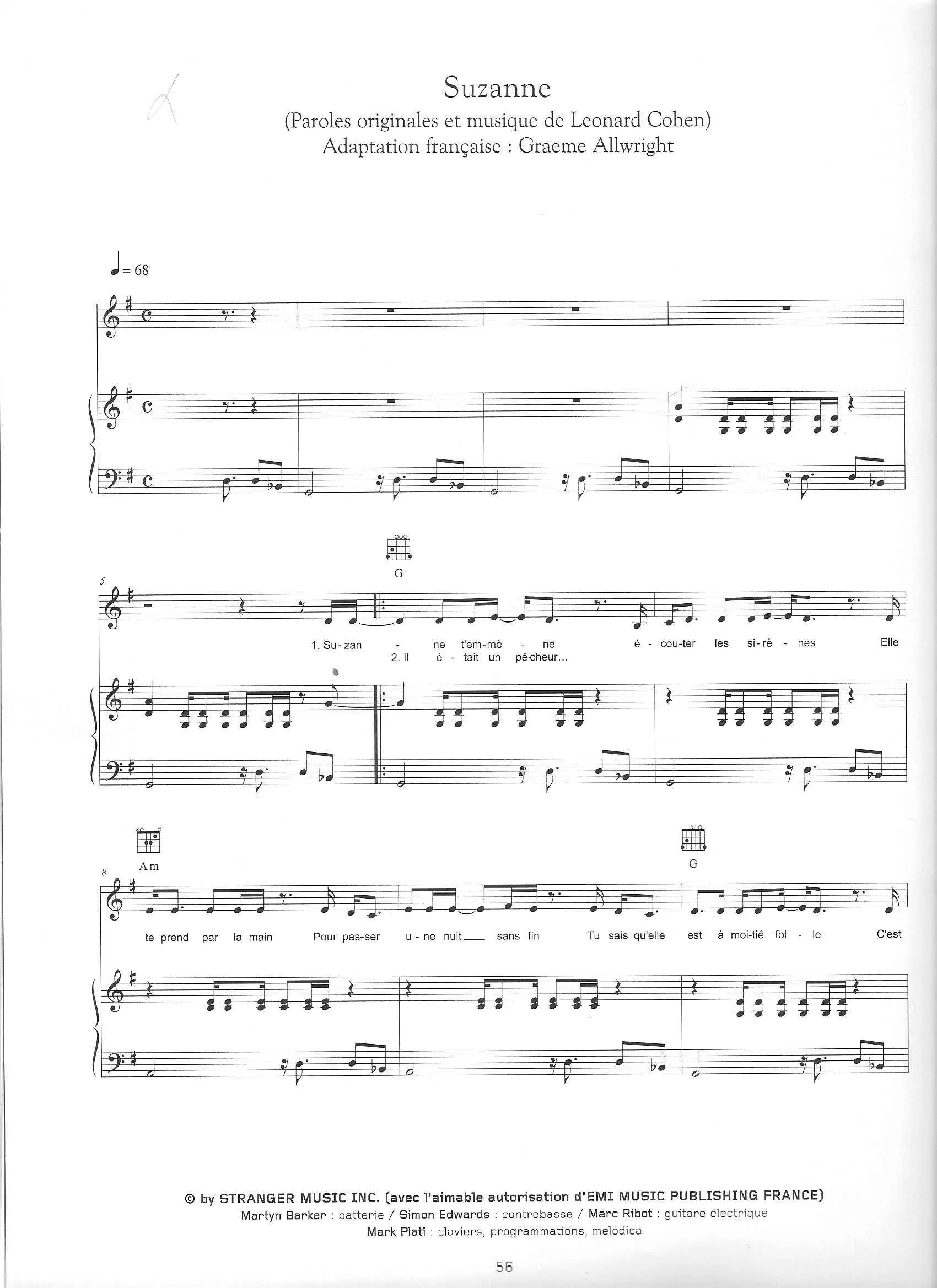 télécharger la partition d'accordéon Suzanne (Arrangement : Graeme Allwright) (Chant : Alain Bashung) (Slow) au format PDF