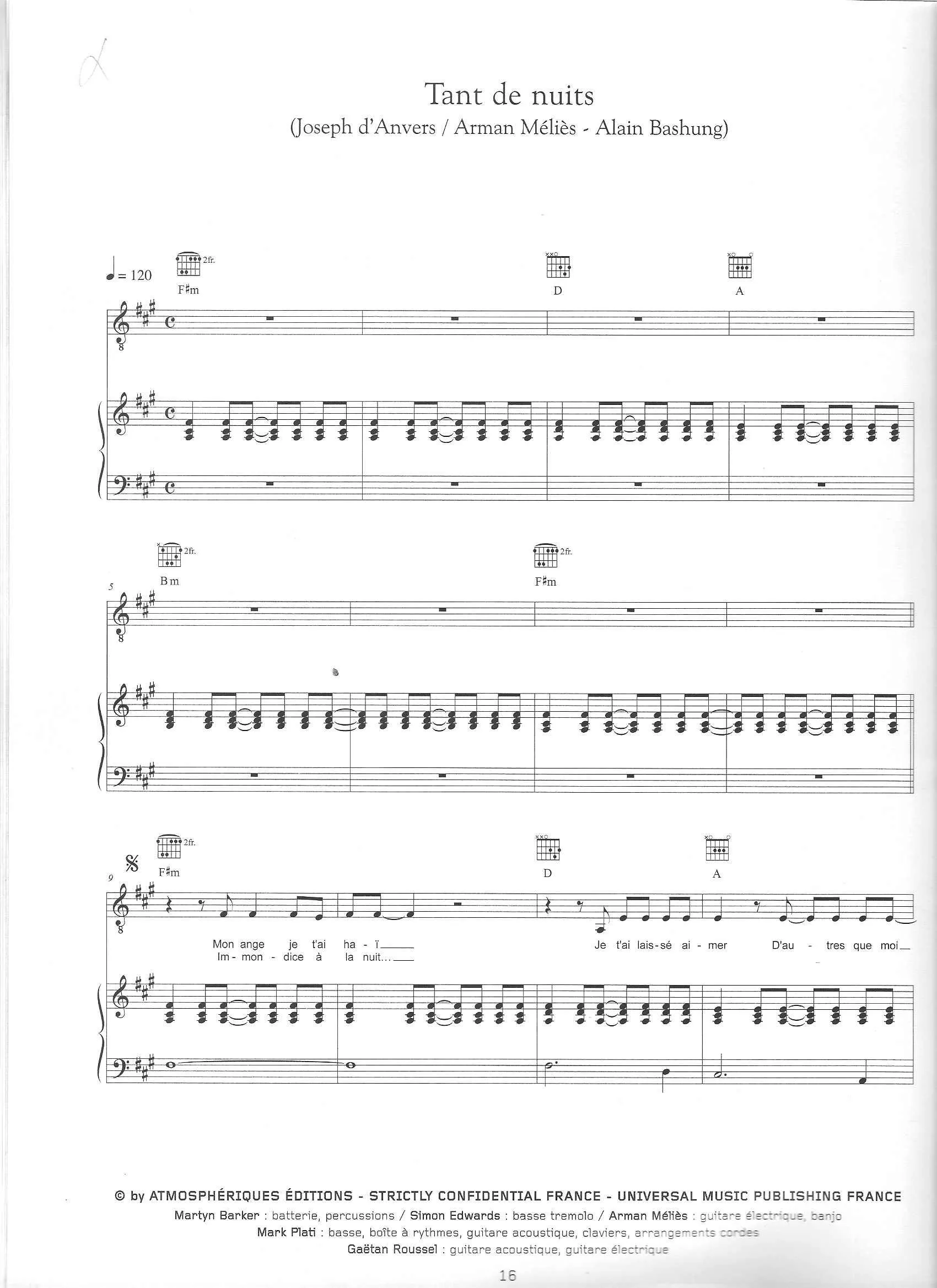 télécharger la partition d'accordéon Tant de nuits (Chant : Alain Bashung) (Boléro) au format PDF