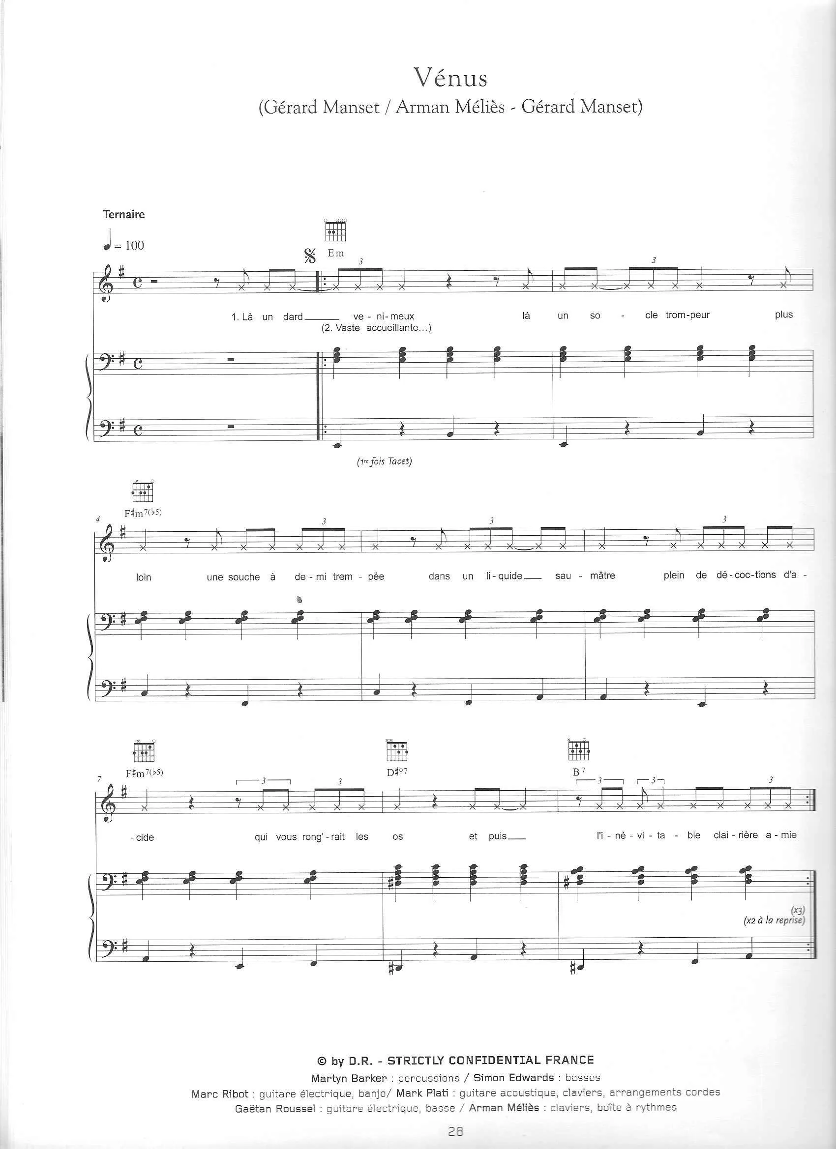 télécharger la partition d'accordéon Vénus (Chant : Alain Bashung) au format PDF