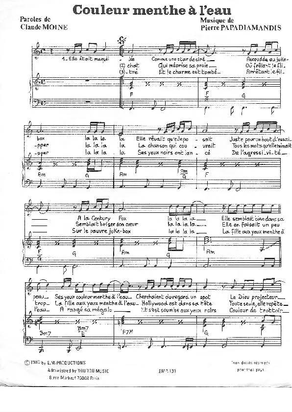 télécharger la partition d'accordéon Couleur menthe à l'eau (Chant : Eddy Mitchell) au format PDF