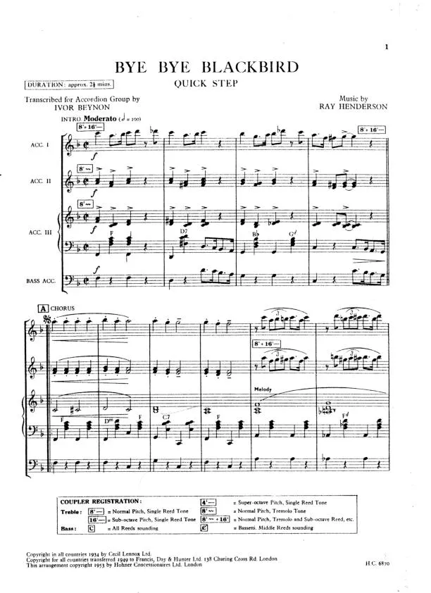 télécharger la partition d'accordéon Bye Bye Blackbird (Arranged for Accordions I / II / III and Bass by Ivor Beynon) au format PDF