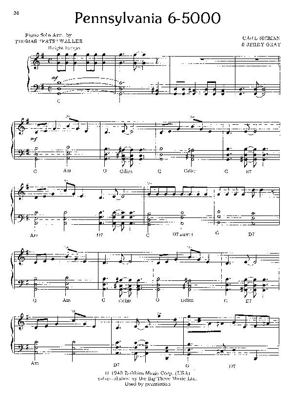 télécharger la partition d'accordéon Pennsylvania 6-5000 (Arrangement : Thomas Fats Waller) (Piano) au format PDF