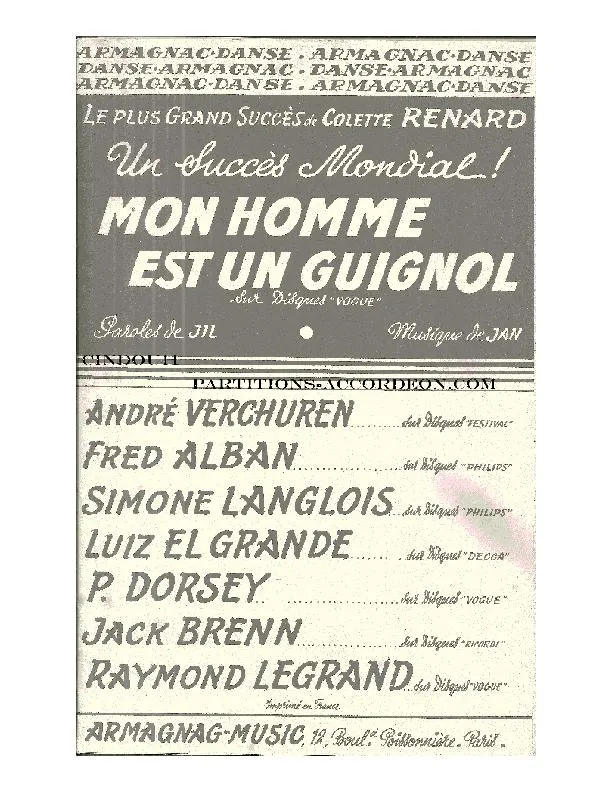 télécharger la partition d'accordéon Mon homme est un guignol (Chant : Colette Renard) (Orchestration Complète) (Fox) au format PDF