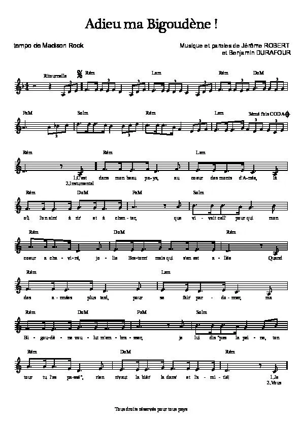 télécharger la partition d'accordéon Adieu ma Bigoudène (Madison Rock) au format PDF