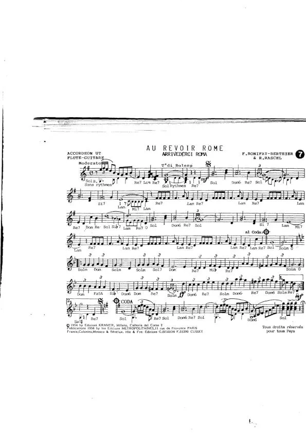 télécharger la partition d'accordéon Au revoir Rome (Arrivederci Roma) (Chant : Tino Rossi / Lucienne Delyle / André Dassary) (Boléro) au format PDF