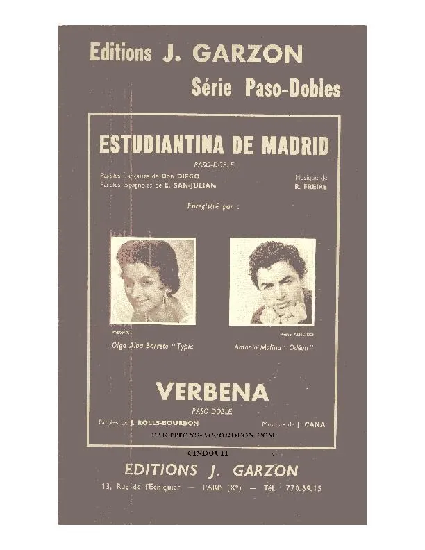 télécharger la partition d'accordéon Estudiantina de Madrid (Chant : Olga Alba Barreto / Antonio Molina) (Orchestration Complète) (Paso Doble) au format PDF