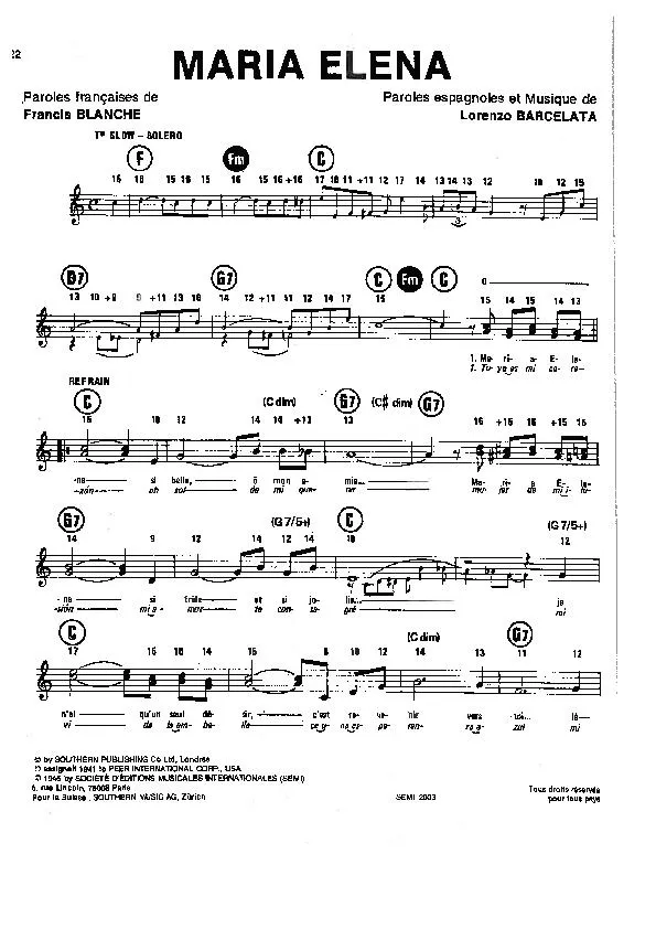 télécharger la partition d'accordéon Maria Elena (Chant : Tino Rossi / Rose Avril) (Slow Boléro) au format PDF
