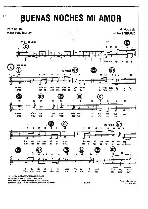télécharger la partition d'accordéon Buenas noches mi amor (Chant : André Claveau / Rina Ketty / Luis Mariano / Maria Candido) (Boléro) au format PDF