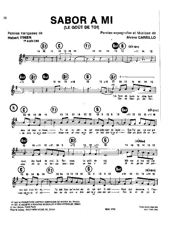 télécharger la partition d'accordéon Sabor a mi (Le goût de toi) (Chant : Los Panchos / Gloria Lasso) (Boléro) au format PDF