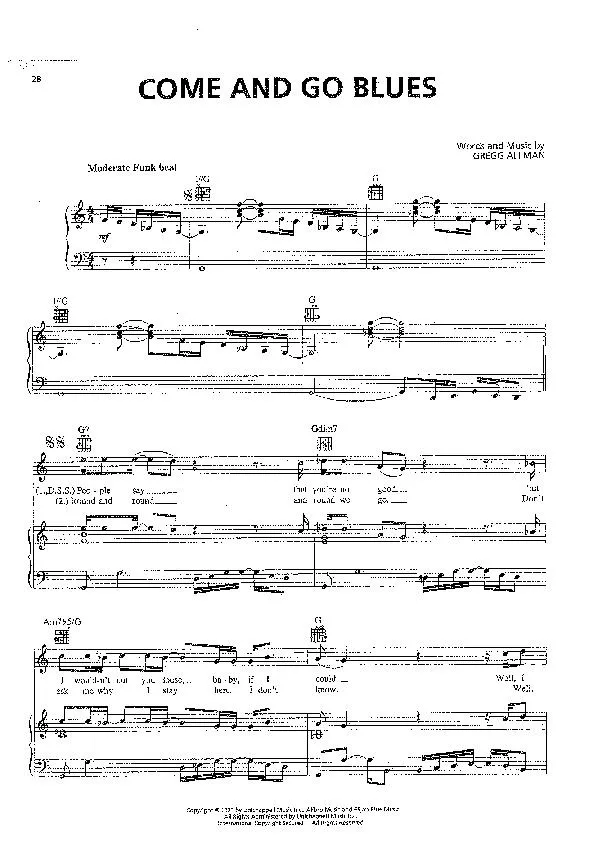 télécharger la partition d'accordéon Come and go blues (Interprètes : The Allman Brothers Band) (Funk) au format PDF