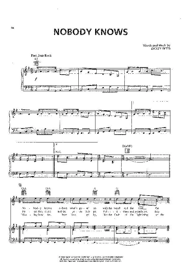 télécharger la partition d'accordéon Nobody knows (Interprètes : The Allman Brothers Band) (Jazz Rock) au format PDF
