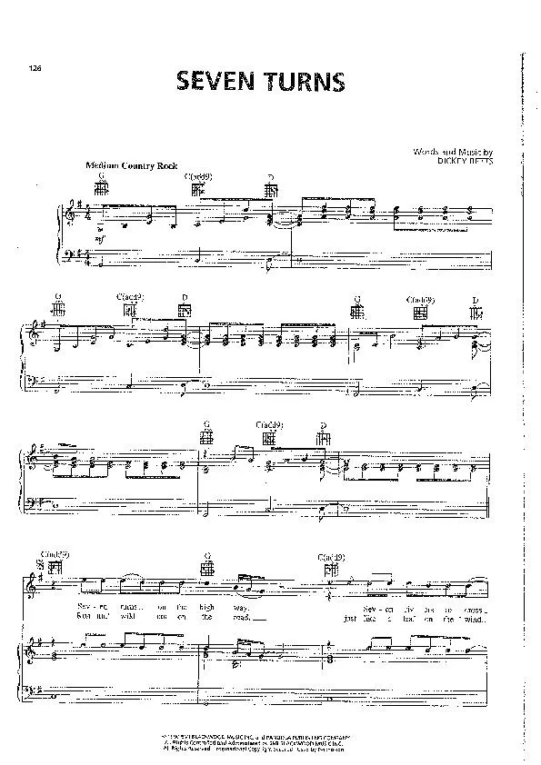 télécharger la partition d'accordéon Seven turns (Interprètes : The Allman Brothers Band) (Medium Country Rock) au format PDF